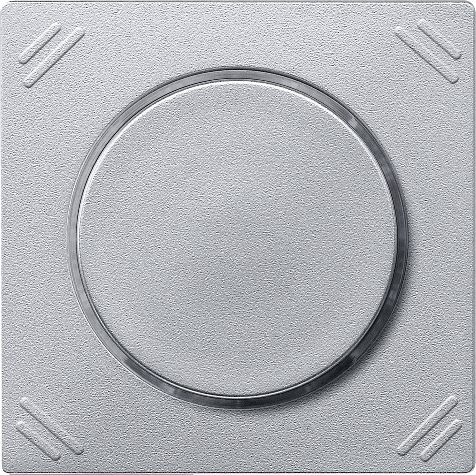 Een zilverkleurige, vierkante lichtschakelaar met een cirkelvormige knop in het midden, omgeven door vier diagonale lijnen.