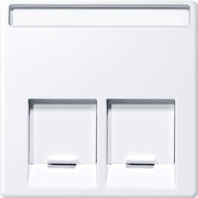 Een lege, witte dubbele netwerkaansluiting aan een muur, klaar voor de installatie van Ethernet- of telefoonkabels.