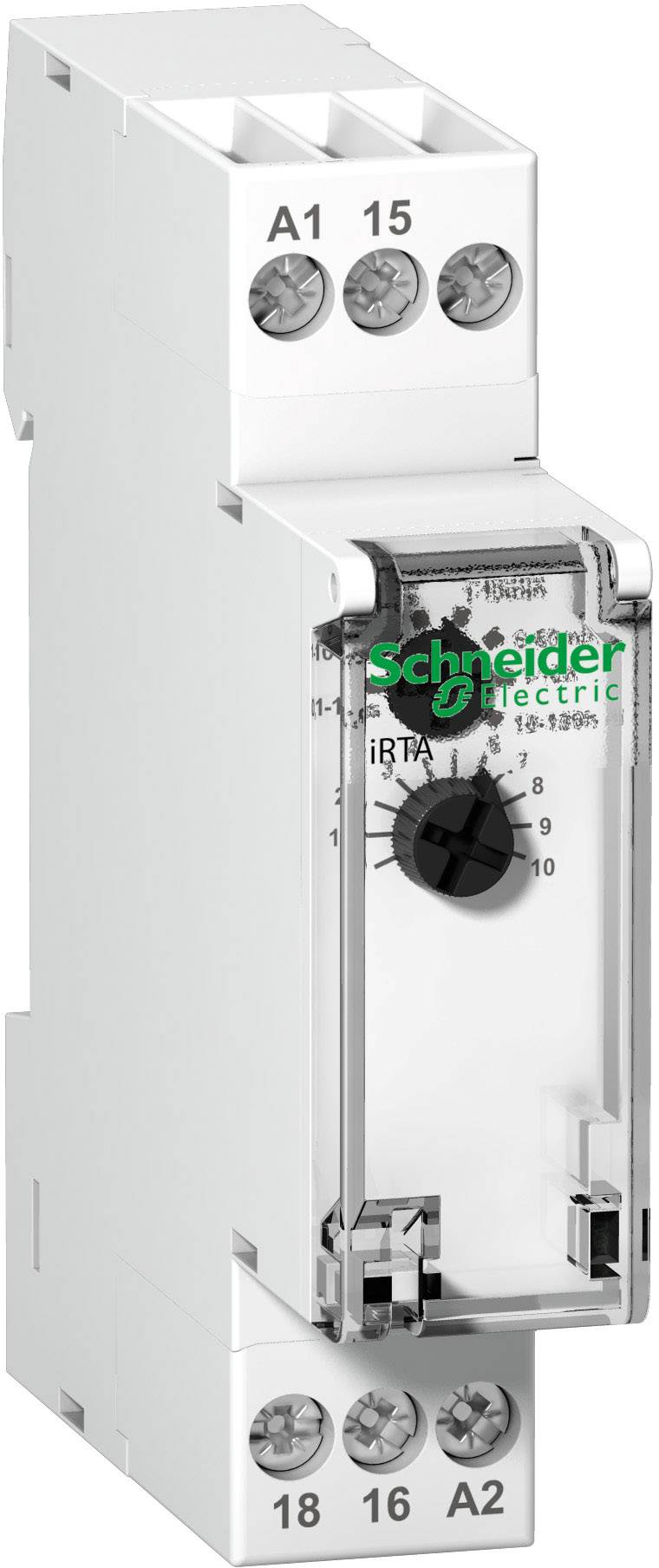 Een tijdrelais van Schneider Electric met een instelbare draaiknop aan de voorkant. Aansluitingen zijn boven en onder zichtbaar.