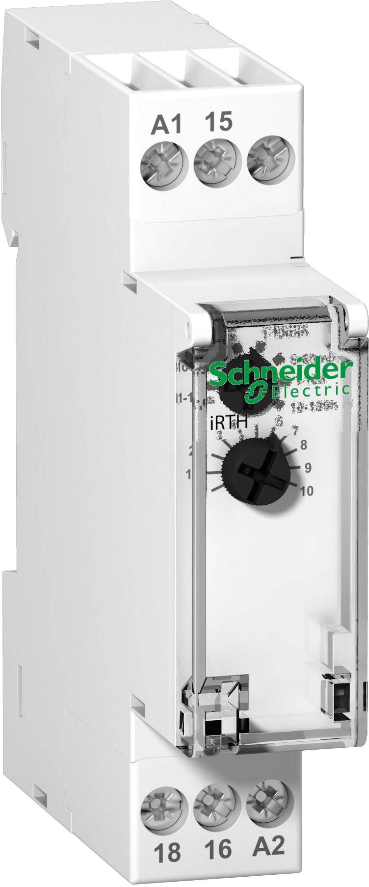 'Industriële relais van Schneider Electric met draaiknop voor tijdsinstelling, aansluitingen A1, A2, 15, 16, 18 gemarkeerd.'