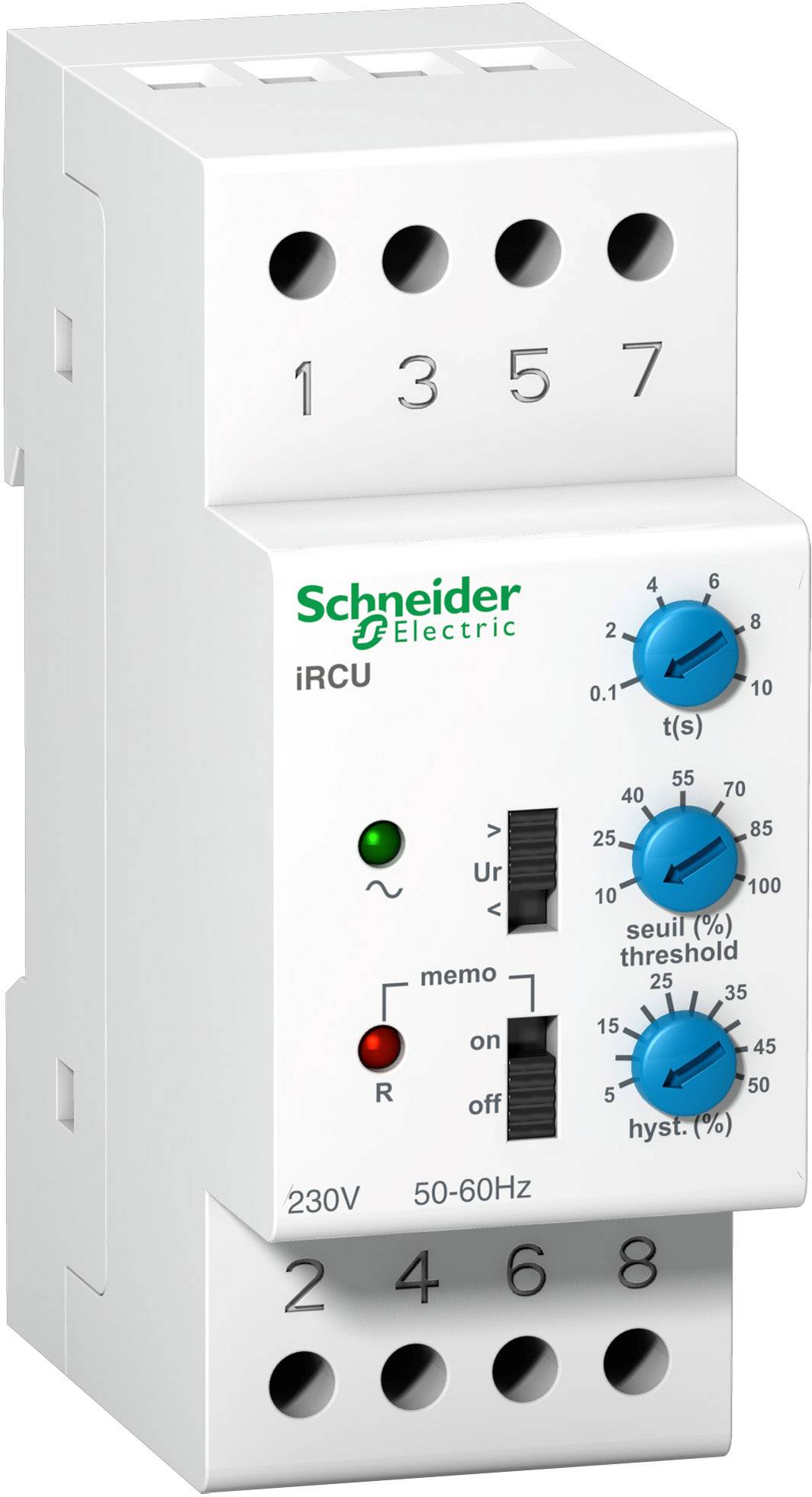 Een wit elektrisch besturingsapparaat van het merk Schneider Electric met blauwe draaiknoppen, bestemd voor het regelen van tijd en spanning.