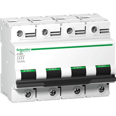 Een vierpool-vermogensautomaat van Schneider Electric, model C120N, met schakelaar voor de beveiliging van elektrische circuits.