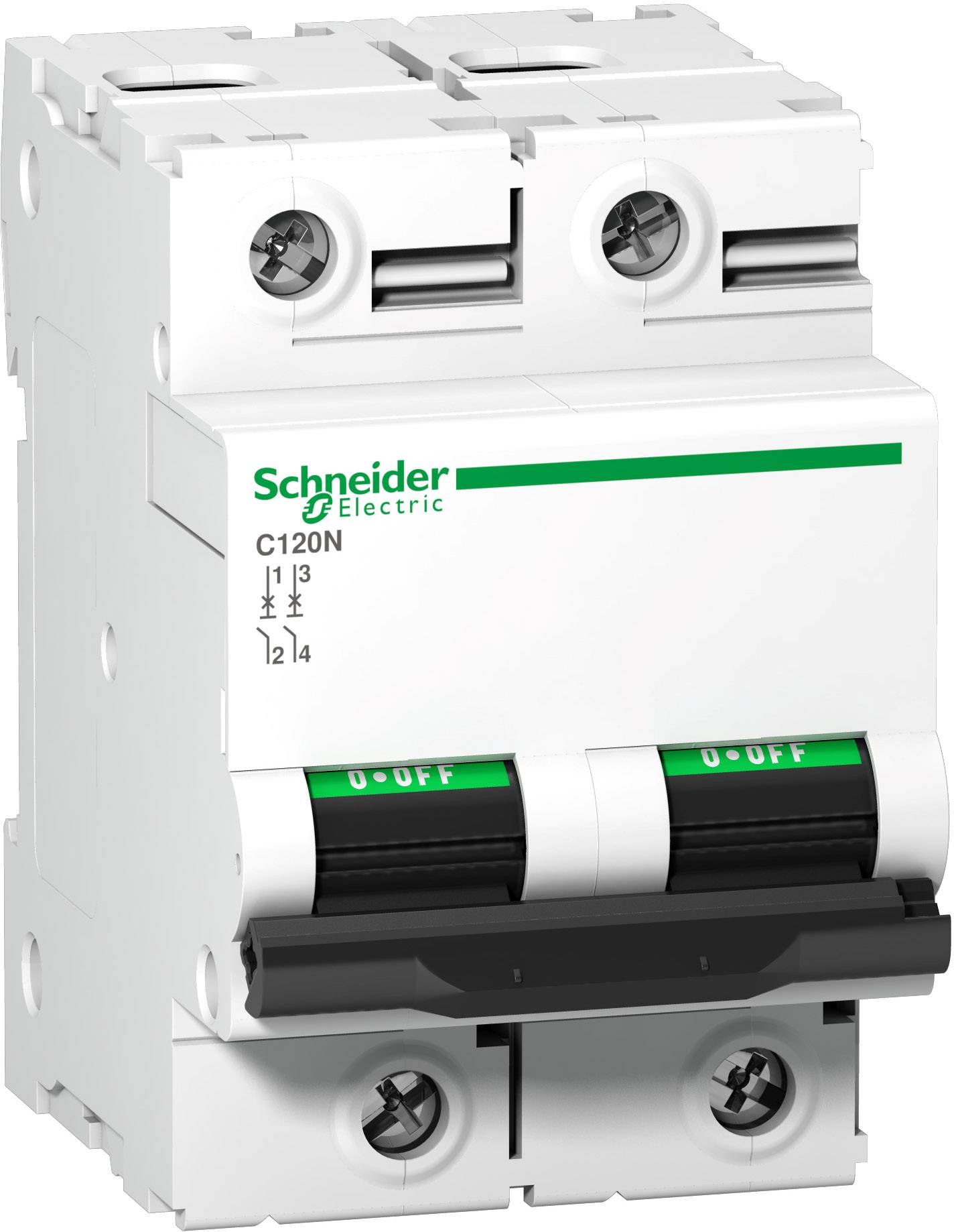 Dubbele vermogensschakelaar met Schneider Electric-logo, twee schakelaars met 'AAN/UIT' en technische aanduidingen op de voorkant.