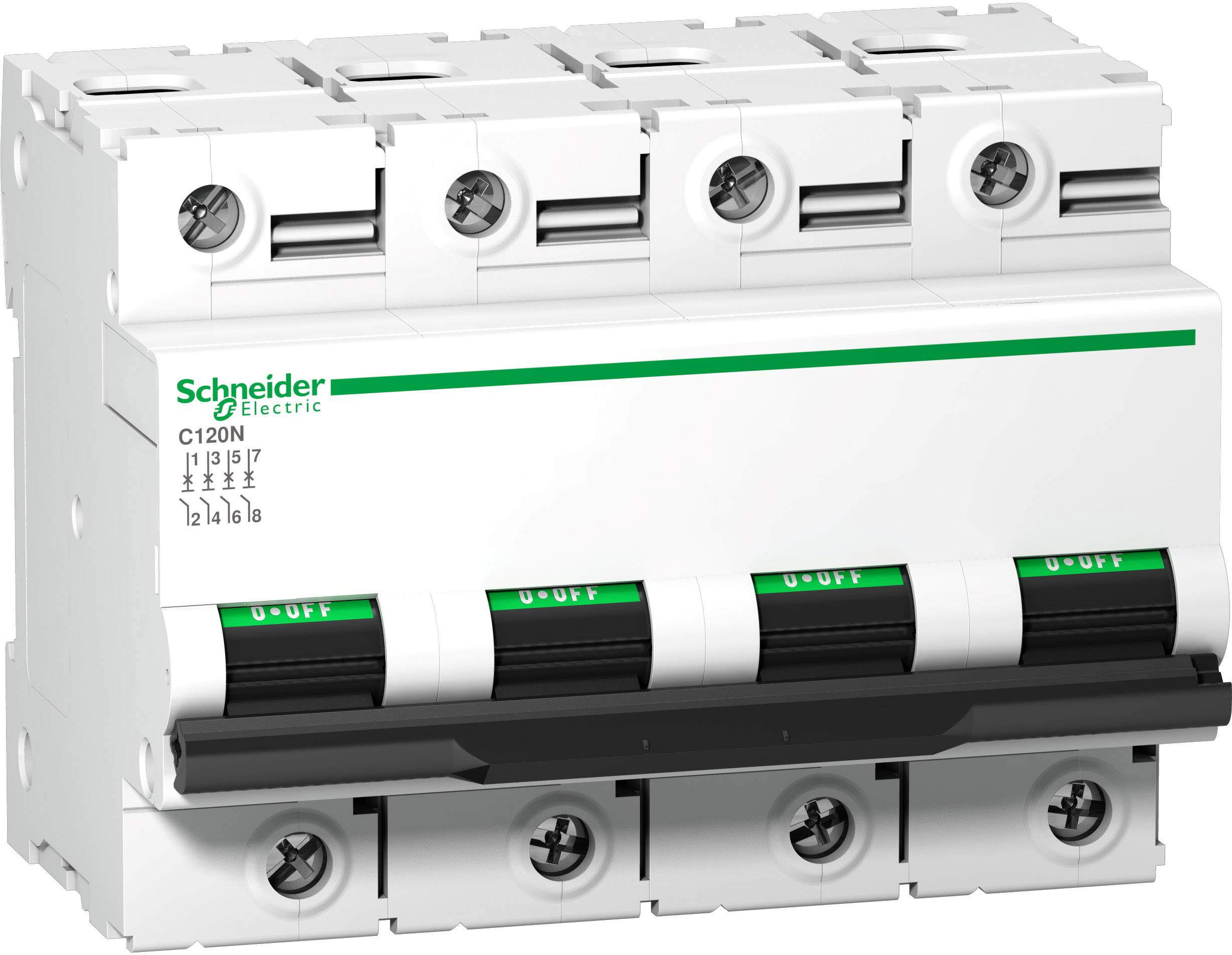 Een vierpolige beschermingsschakelaar van Schneider Electric met kipschakelaars. Gebruikt in elektrische verdeelinstallaties voor het onderbreken van stroomkringen.