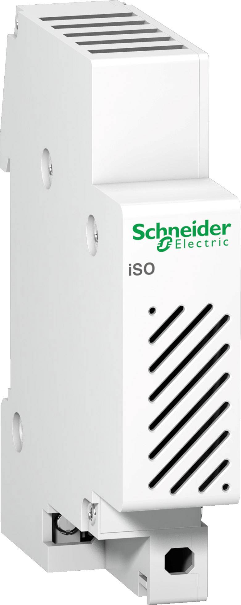 Wit elektrisch apparaat van Schneider Electric, met verticale ventilatiesleuven, compacte behuizing, geschikt voor schakelkasten of verdeelkasten.