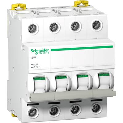 Een elektrische installatieautomaat van Schneider Electric met vier schakelaars die allemaal in de "UIT"-positie zijn gezet.