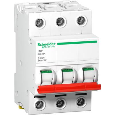 Een driepolige vermogensschakelaar van het merk Schneider Electric, model iSW, met rode schakelaar, schakelaar in 'Uit'-stand.