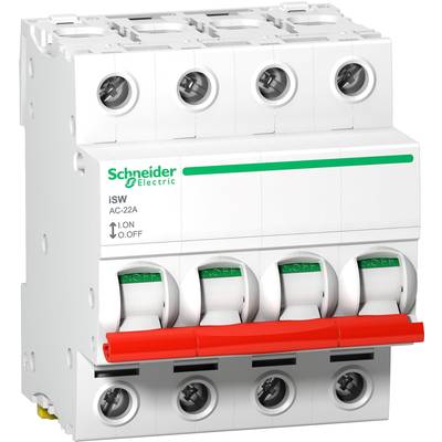 Een 4-polige veiligheidsschakelaar van het merk Schneider Electric, model iSW, AC-22A, met rode hendel voor in- en uitschakelen.
