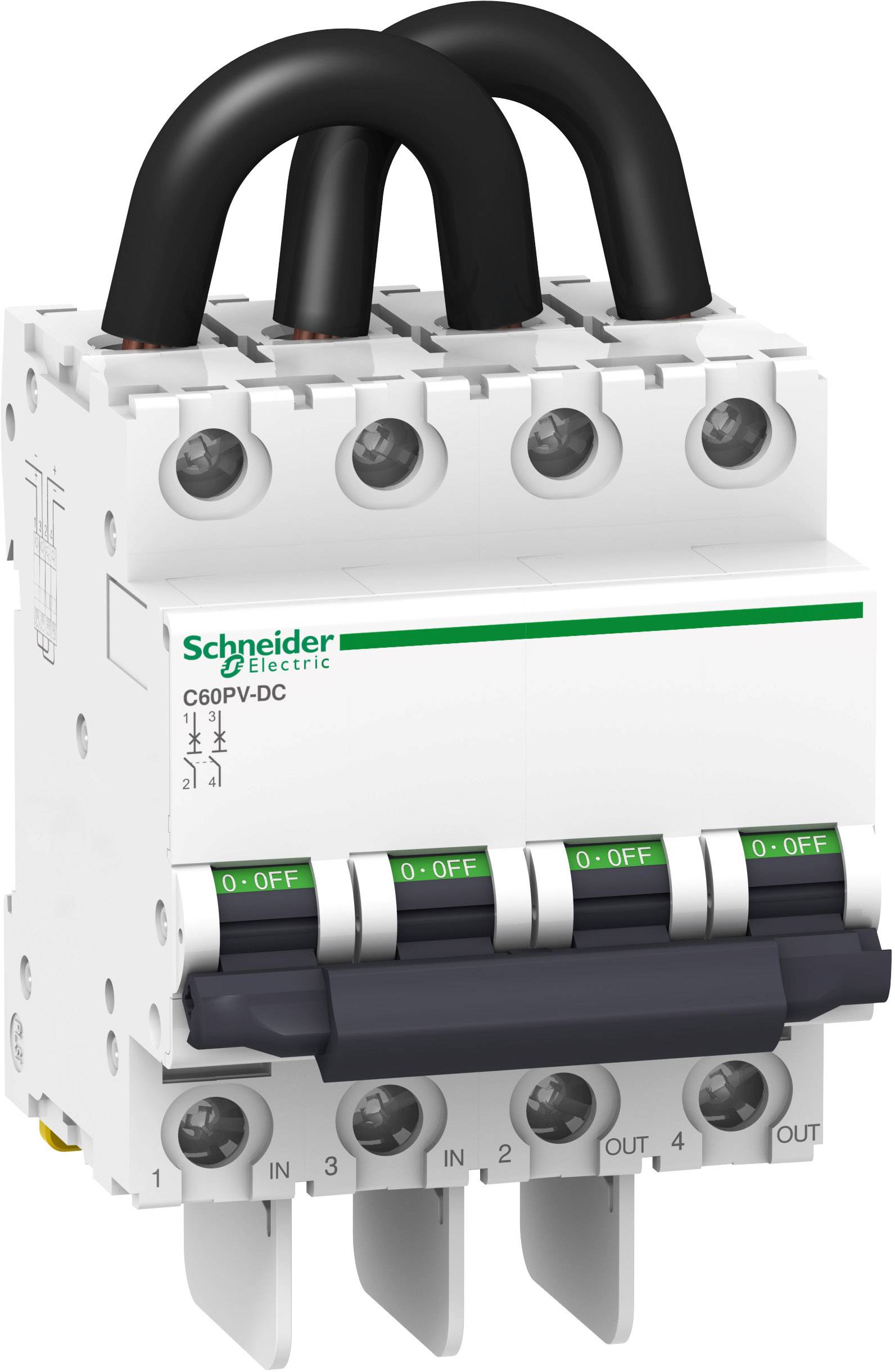 Een driepolige vermogensschakelaar van het merk Schneider Electric. Hij is wit met groene markering en heeft meerdere zwarte kabelaansluitingen.
