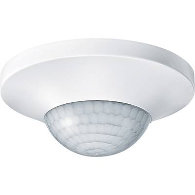 Een ronde, witte plafondbeweegmelder met een gestructureerde, halfronde kap voor bewegingsdetectie.