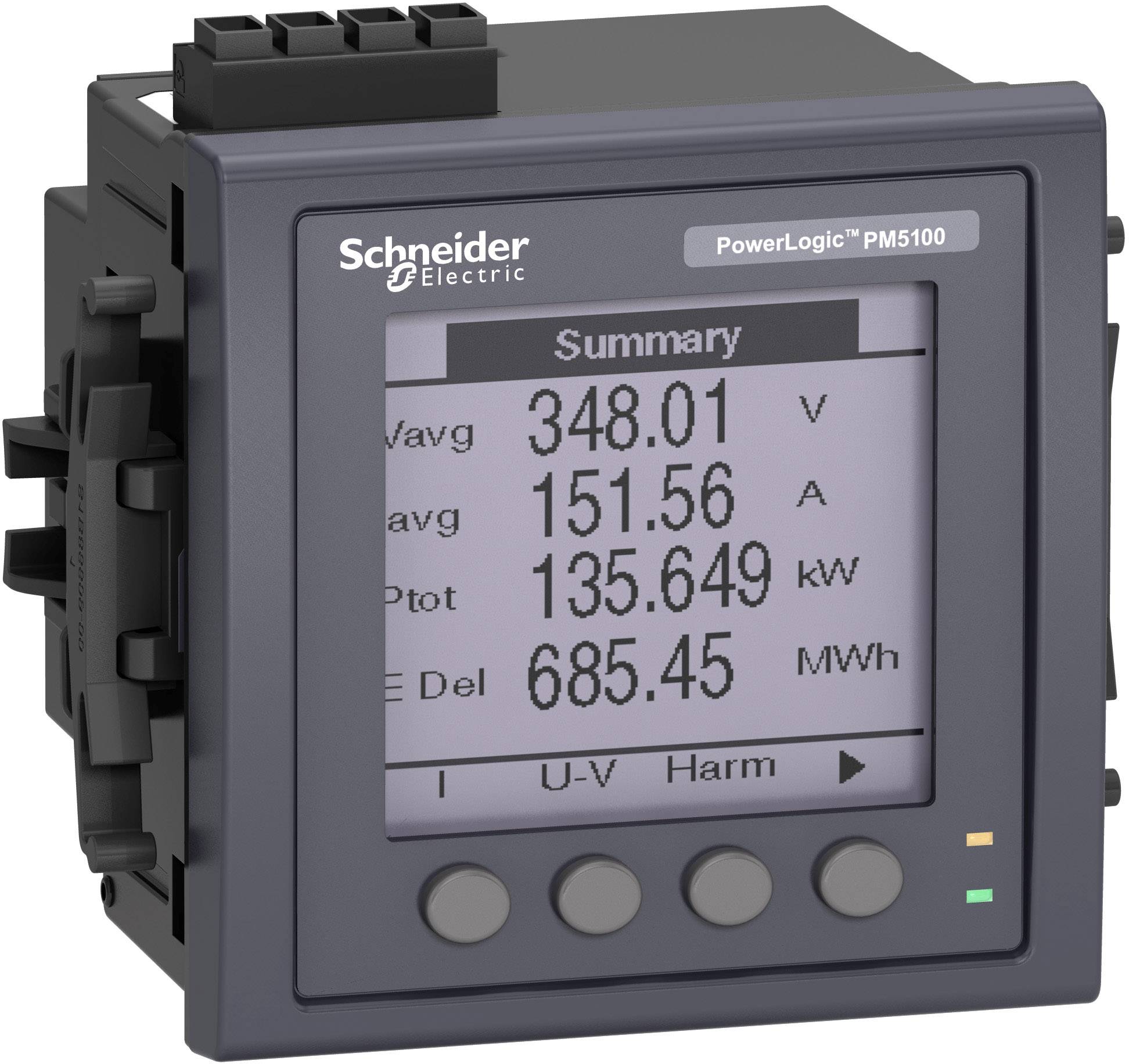Zwart meetapparaat 'Schneider Electric PowerLogic PM5100' toont op display: Spanning 348,01 V, Stroom 151,56 A, Vermogen 135,649 kW.