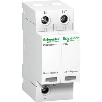 Overspanningsbeveiligingsapparaat met twee modules, gemarkeerd als 'Neutraal' en 'L/N'. Rode indicatie 'Rood = Vervangen' toont onderhoudsnoodzaak.