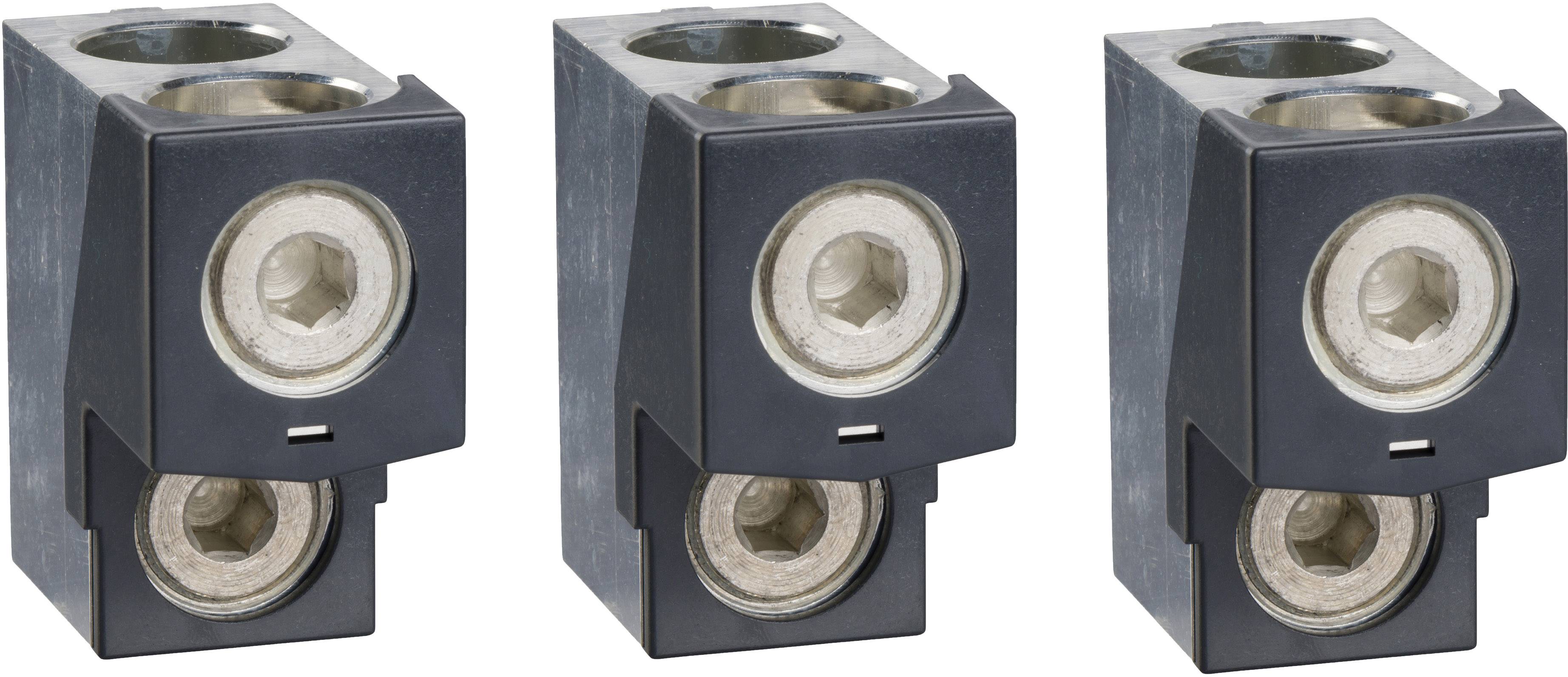 Drie metalen klemmen met zeskantige schroeven voor het bevestigen van elektrische kabels, tegen een witte achtergrond.