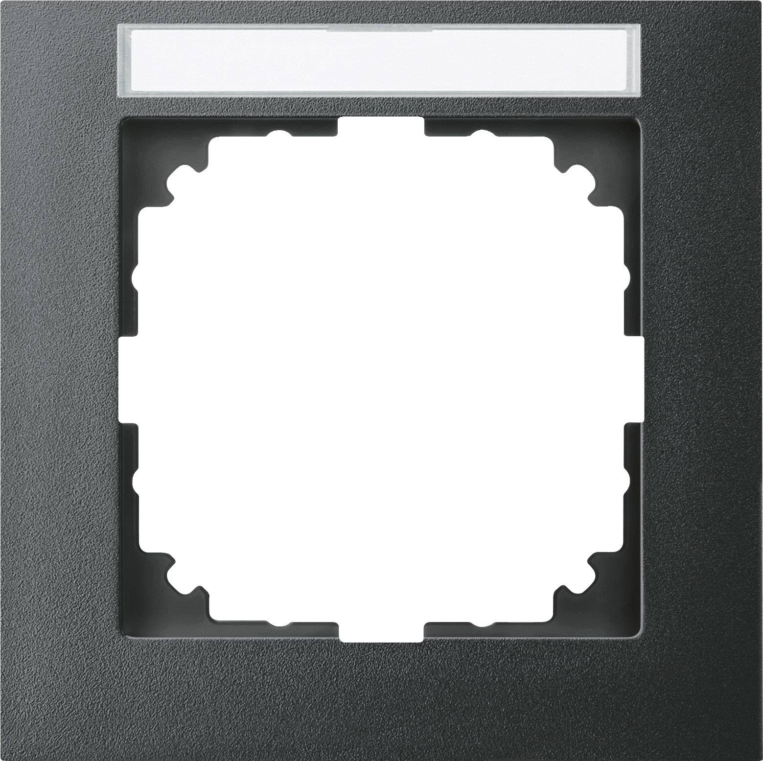 Een vierkante, zwarte schakelaarrand met een witte, lege middensectie, geschikt voor stopcontacten of lichtschakelaars.