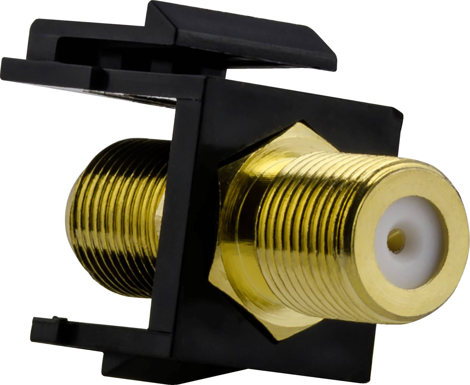 Een goudkleurige F-connector met zwarte behuizing, typisch gebruikt voor coaxkabelverbindingen in satelliet- en kabelinstallaties.
