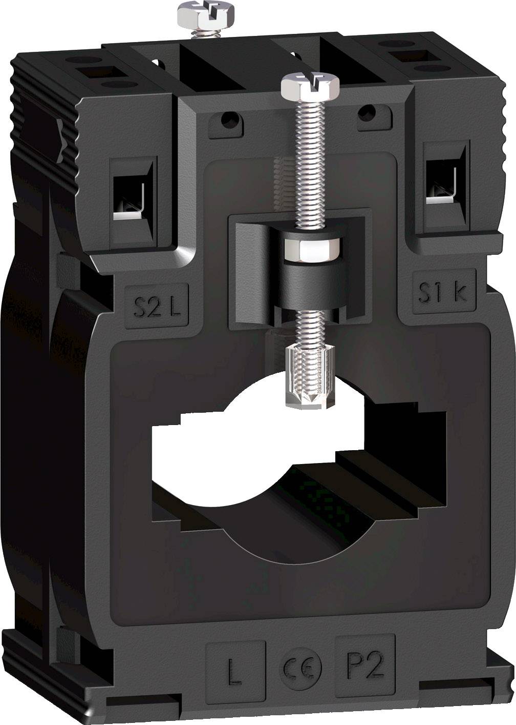 Zwarte stroomsensor met schroefbevestiging en meetaansluiting, geschikt voor industriële toepassingen voor stroommonitoring.