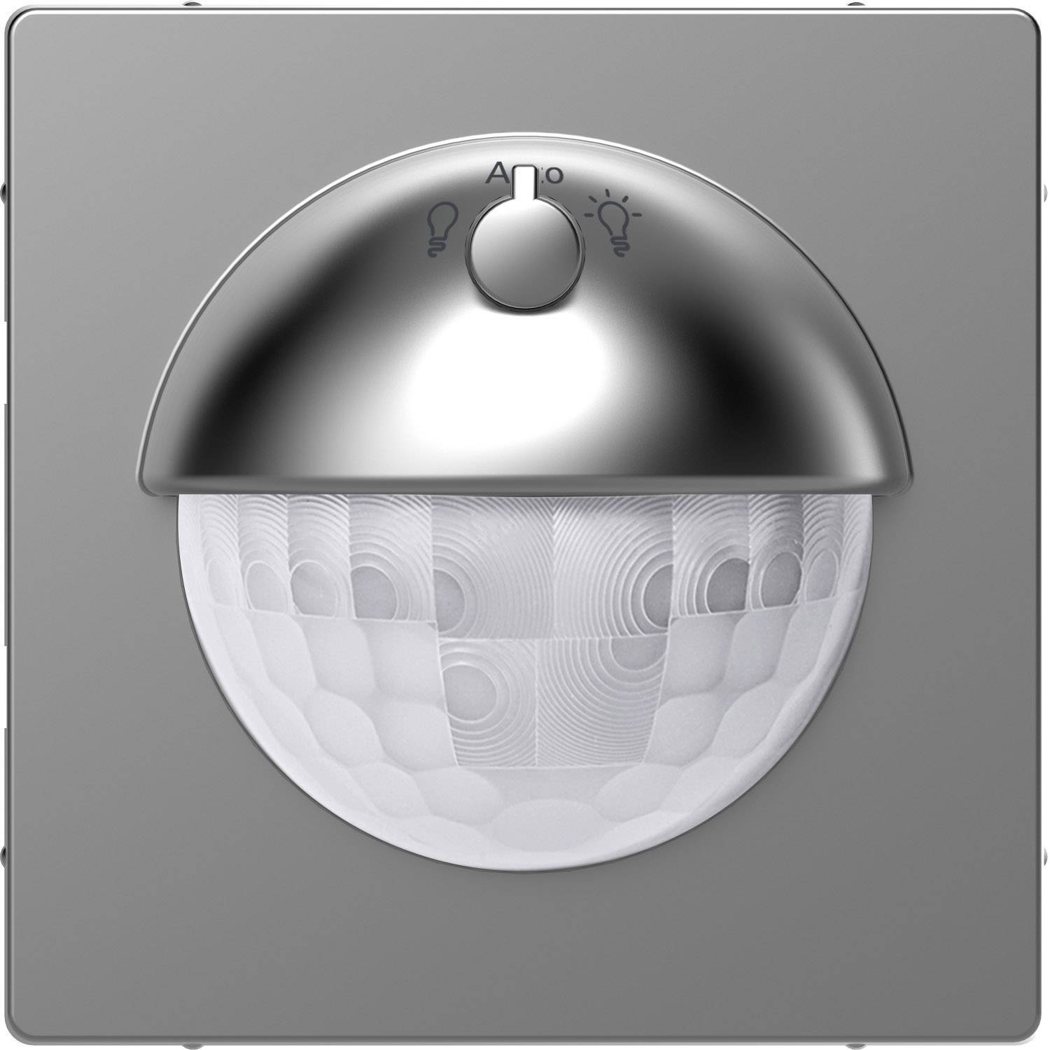 Een zilveren bewegingssensor met een LED- en automatische modussticker op een grijze achtergrond.