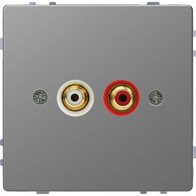 Een grijs wandpaneel met twee RCA-aansluitingen, een wit en een rood, voor audio-aansluiting. De aansluitingen zijn in het midden geplaatst.