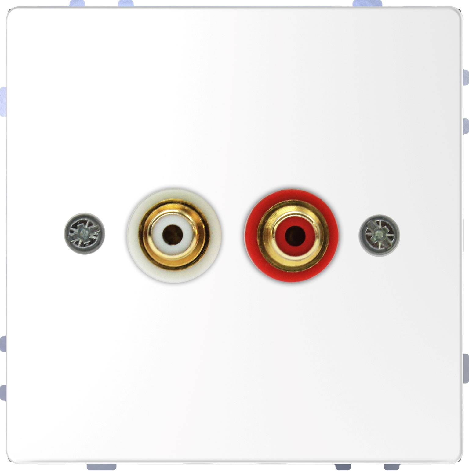 Witte wandplaat met twee RCA-audio-aansluitingen: links wit en rechts rood. Bevat twee bevestigingsschroeven.