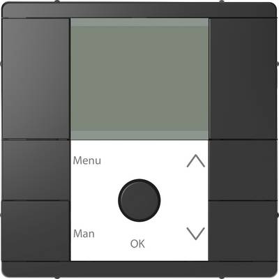 Vierkante afstandsbediening met display bovenaan, daaronder toetsen 'Menu', 'Man', 'OK', twee pijltoetsen op witte achtergrond.