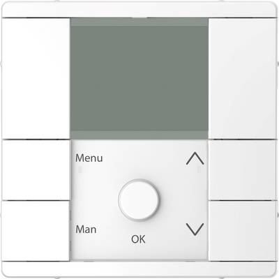 Witte ruimtethermostaat met digitaal display, menu- en handmatige knoppen, pijltjestoetsen voor temperatuurregeling, OK-knop in het midden.