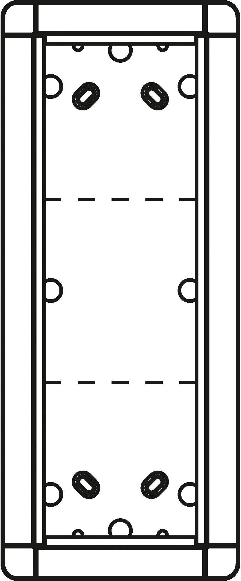 Technische tekening van een rechthoekig onderdeel met schroefgaten in de hoeken en een middenlijn.