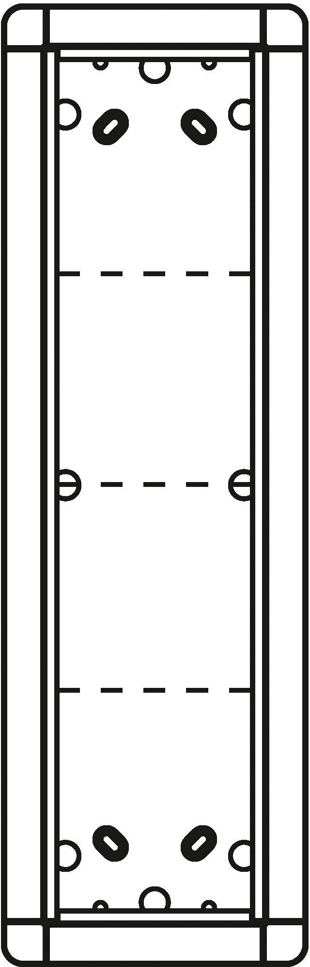Technische tekening van een rechthoekig onderdeel met gemarkeerde plaatsen voor boorgaten en lijnen voor interfaces.