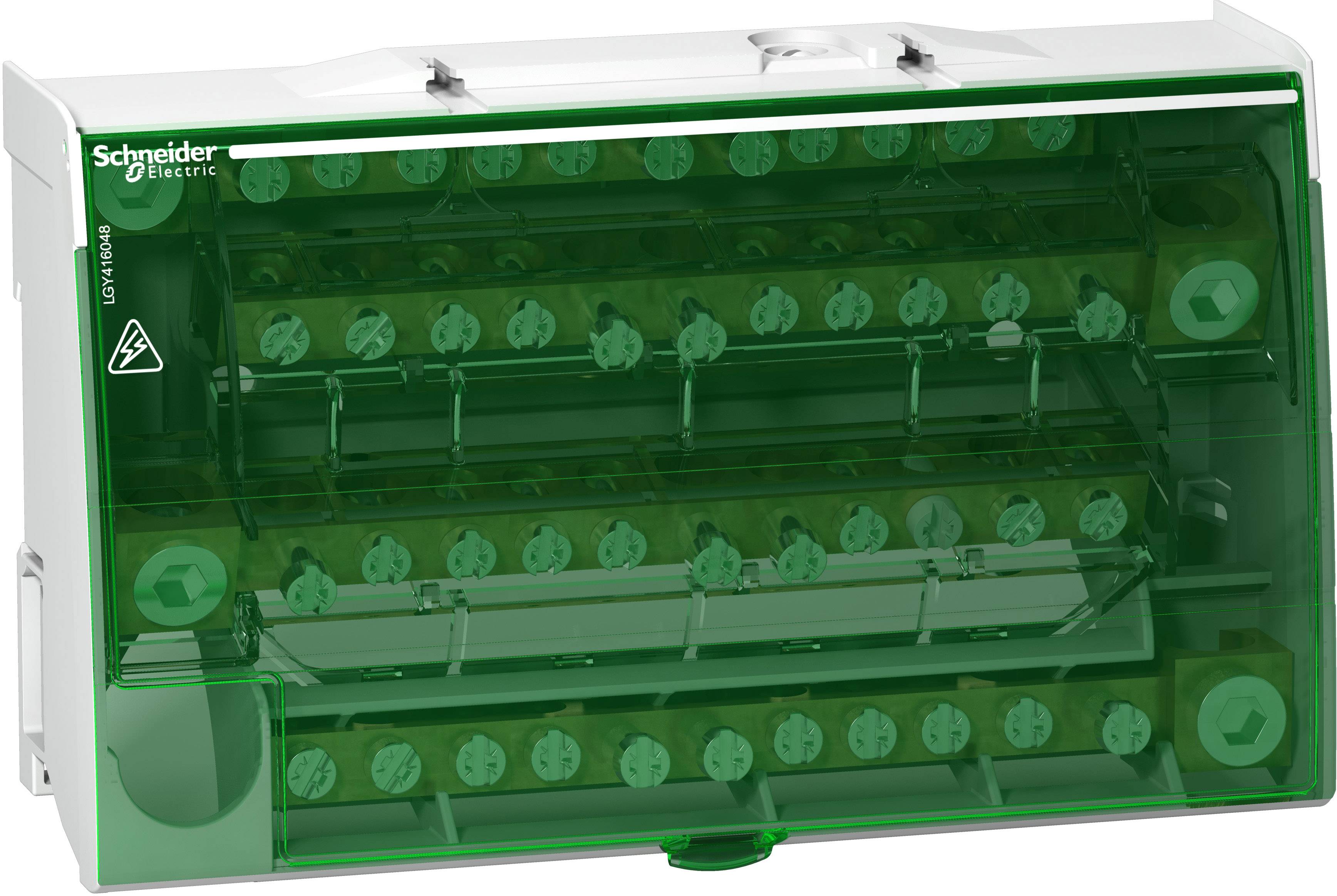 Elektrische verdeelkast met een groen transparant behuizing, bevat meerdere zekeringhouders en het logo van Schneider Electric.