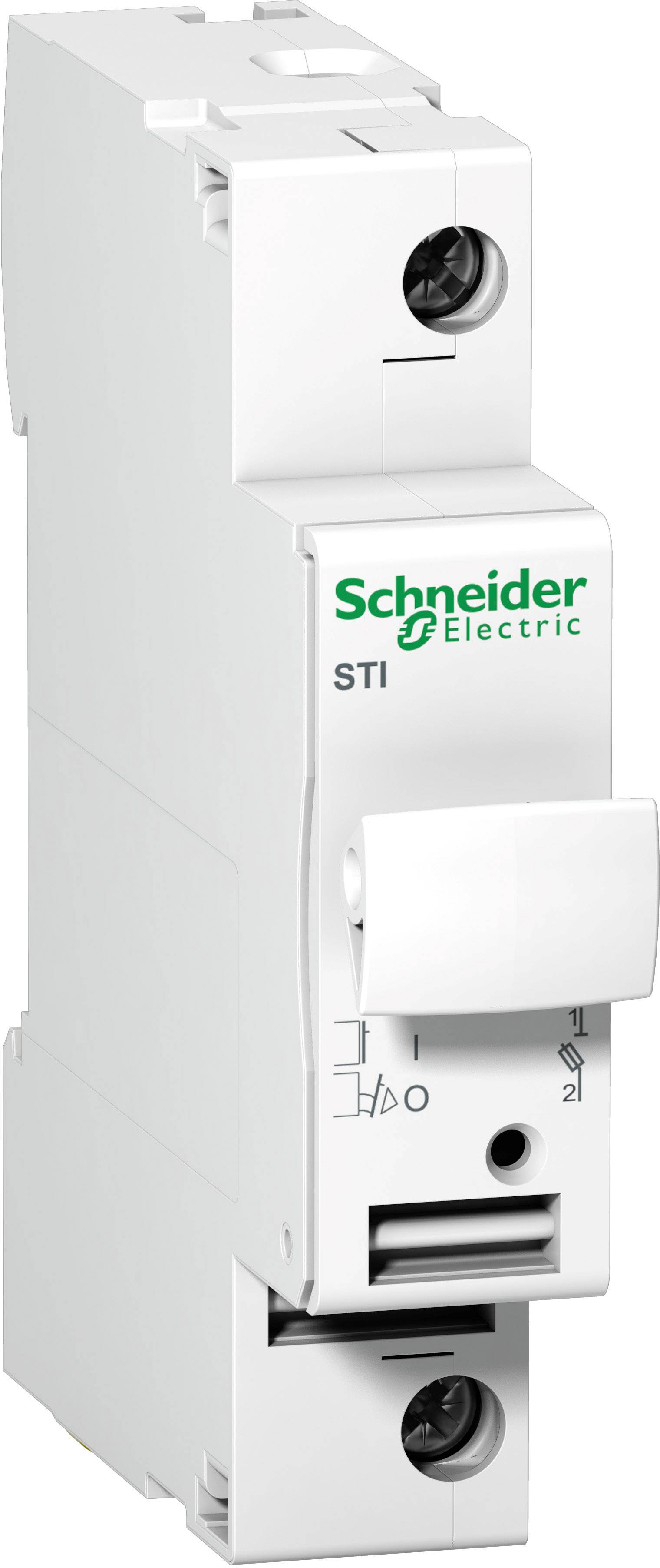 Een witte vermogensschakelaar van Schneider Electric met het opschrift 'STI', toont schakelaarshendel en aansluitklemmen.