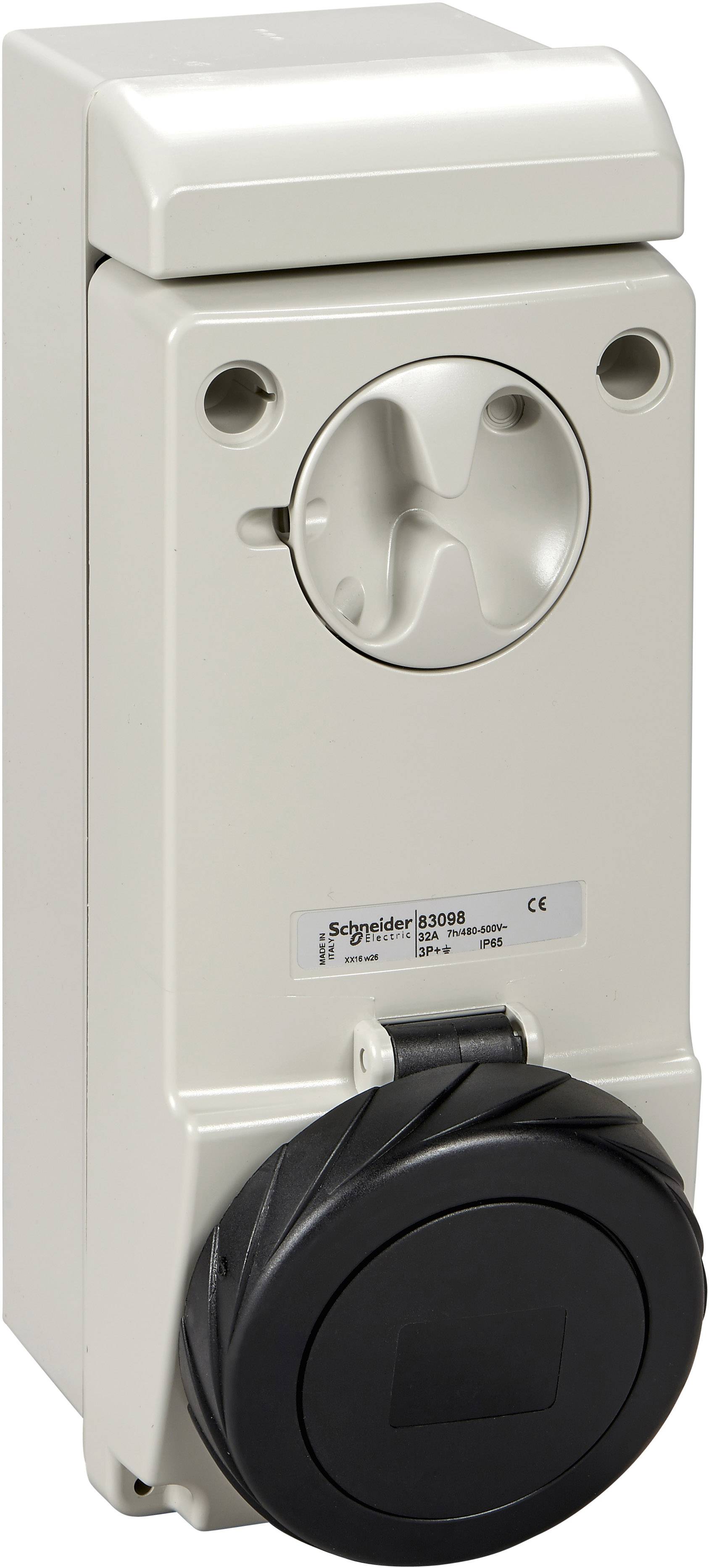 Elektrische contactdoos van Schneider Electric met beschermklep, wandmontage, vierkante vorm, geschikt voor industrie- of buitentoepassingen.