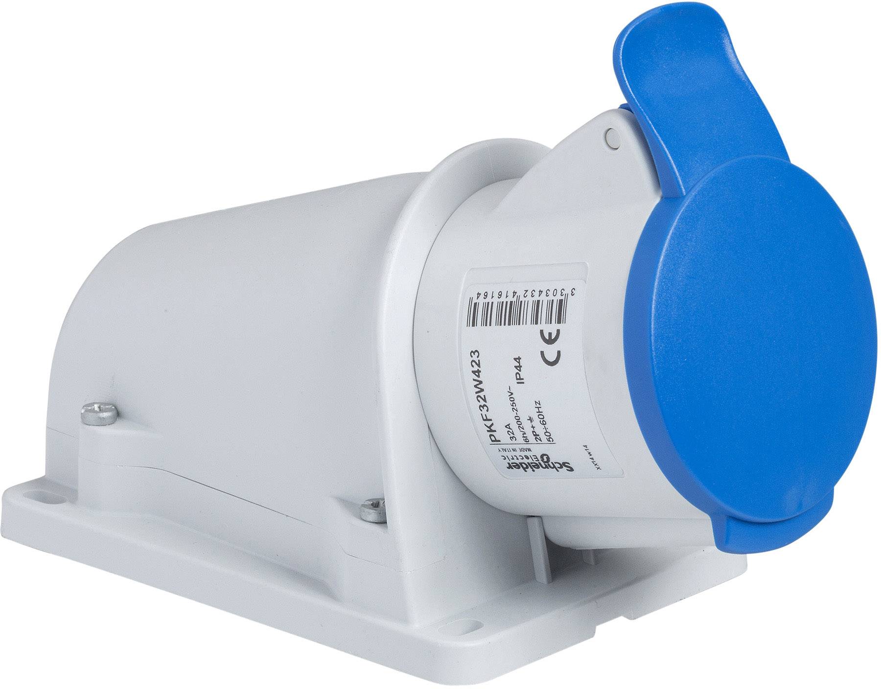 Een witte industriële stekker met een blauwe dop, geschikt voor hoge stroomsterktes. Certificeringen en technische gegevens zijn afgedrukt.