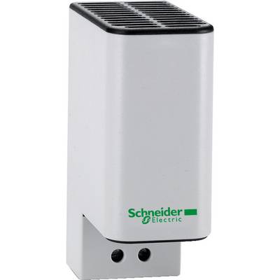 Een wit verwarmingselement van Schneider Electric, rechtop staand. Bedoeld voor het voorkomen van condensatie in behuizingen of schakelkasten.