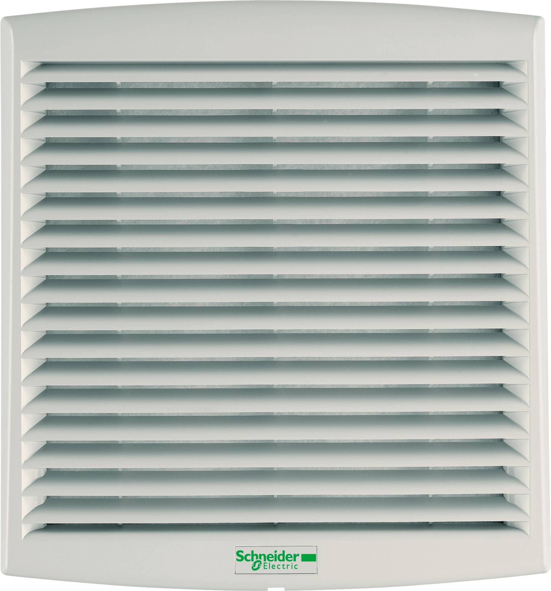 Ventilatierooster met horizontale lamellen, wit, met groen 'Schneider Electric'-logo onderaan.
