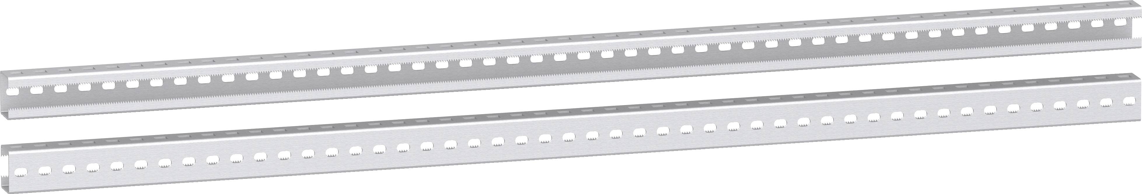 Twee zilveren, geperforeerde metalen rails die parallel naast elkaar liggen.