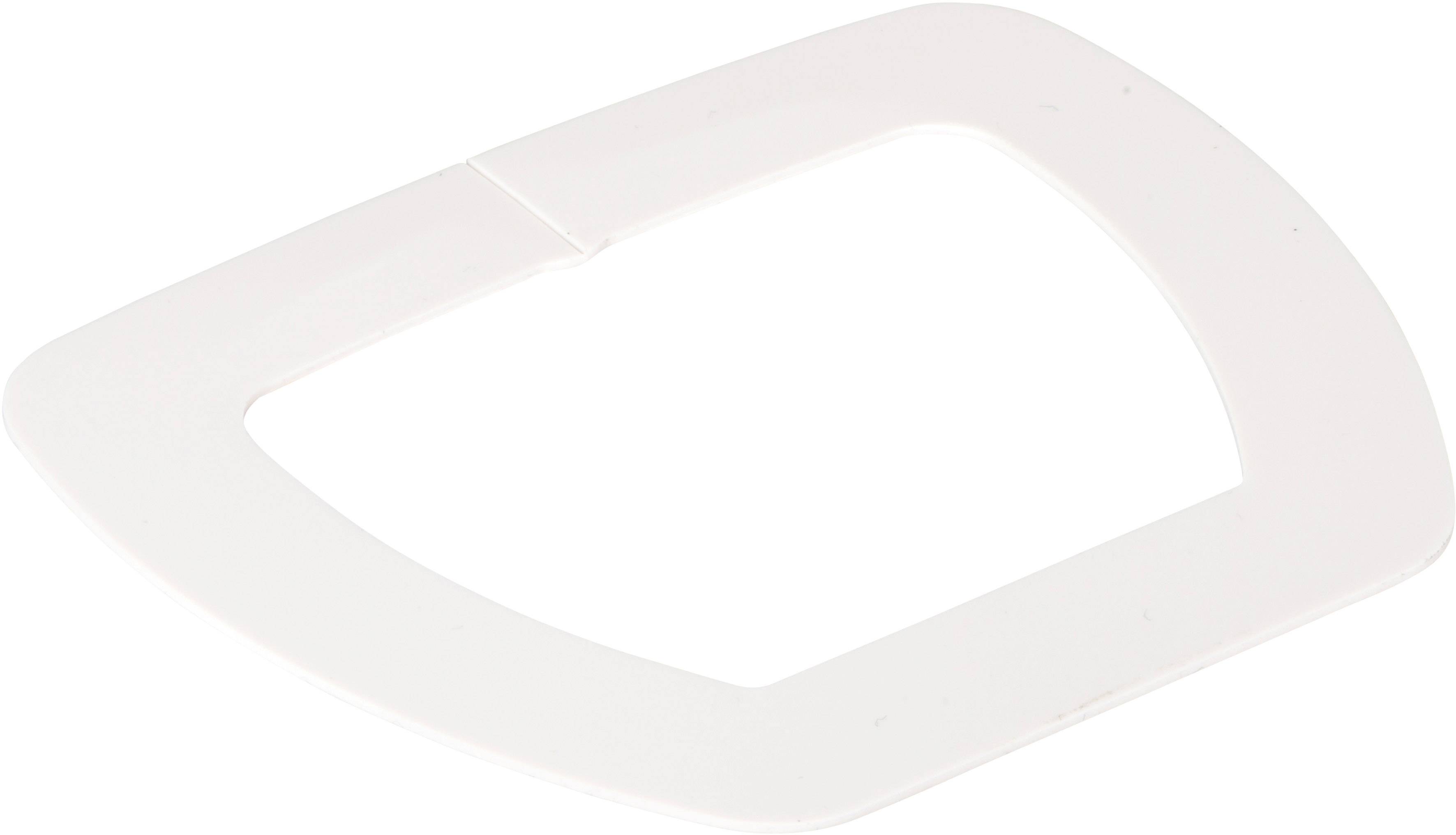 Witte, wigvormige plastic beugel, mogelijk onderdeel van een huishoudelijk voorwerp of gereedschap.