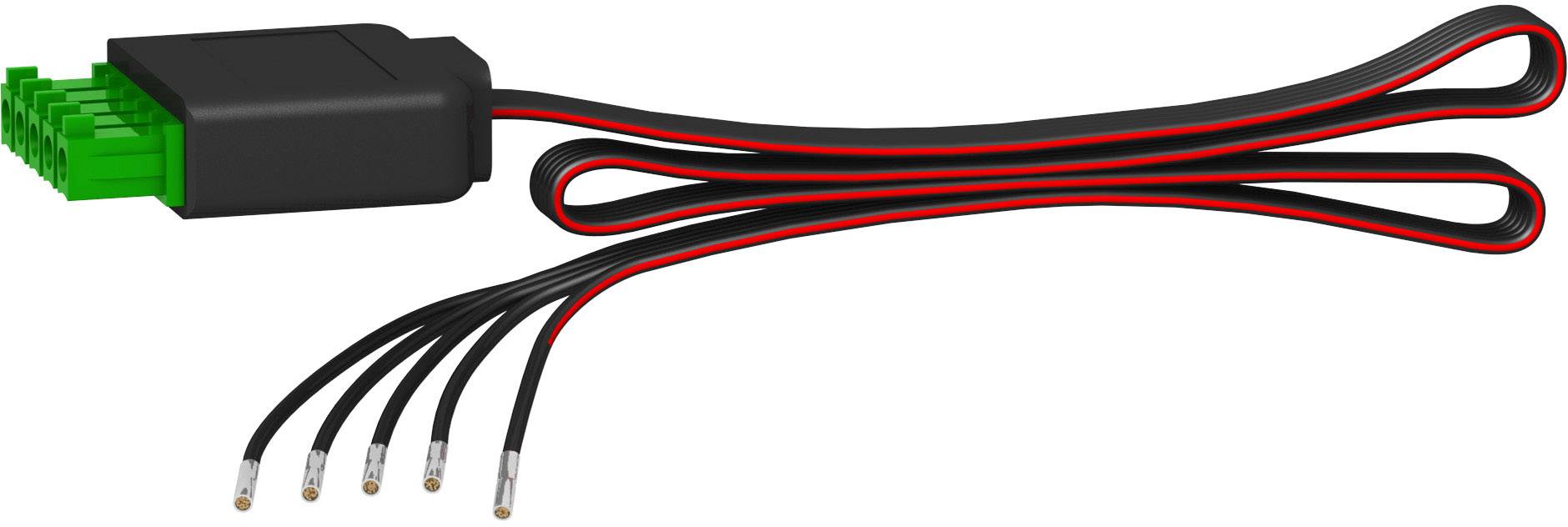Een zwarte kabel met rode streep en groene stekker aan het uiteinde. De vijf gestrikte uiteinden zijn klaar voor aansluiting.
