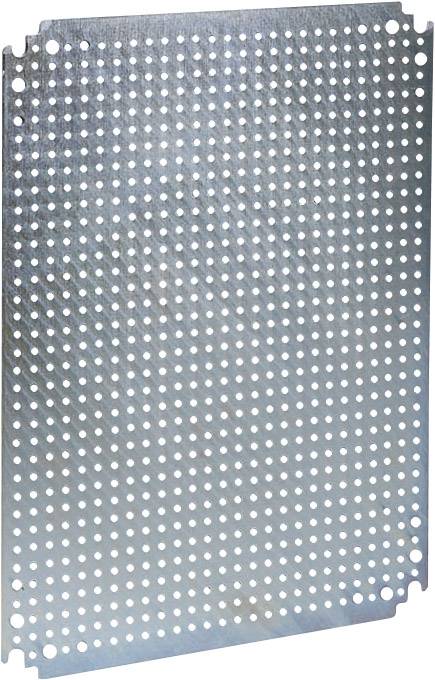 Een zilveren geperforeerd plaatmateriaal met veel gelijkmatig verdeelde, ronde gaten, dat typisch wordt gebruikt voor ventilatie of constructiedoeleinden.