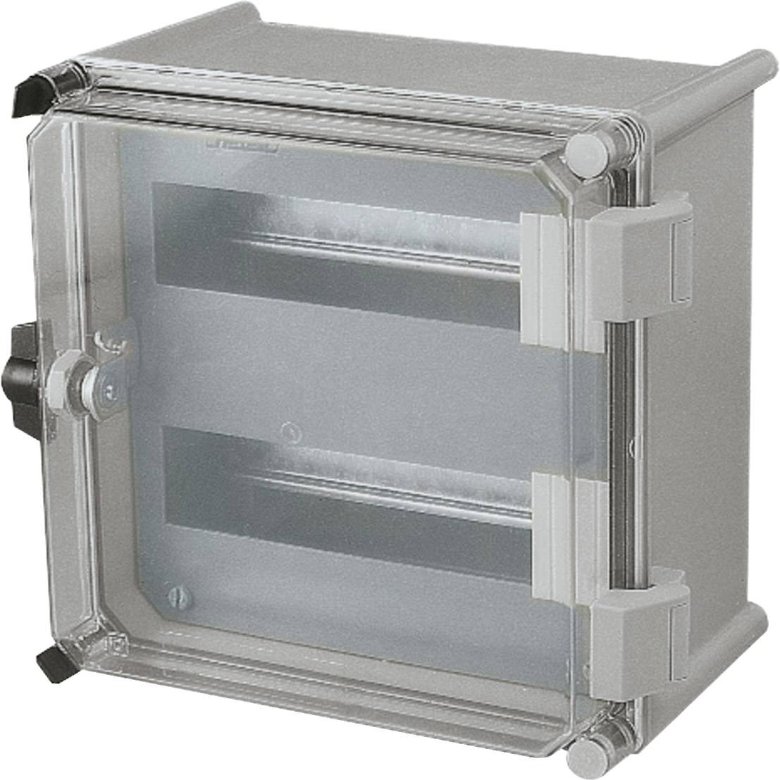 Grijs-transparante zekeringkast met verwijderbare voorafdekking voor de montage van elektrische componenten op muren.