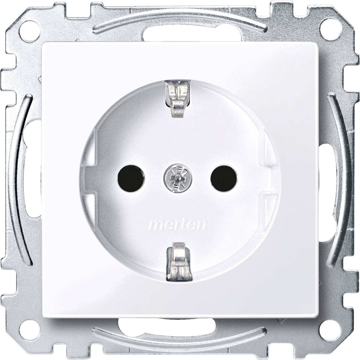 Witte, vierkante stopcontact met twee ronde openingen en aardingscontact, omgeven door een zilveren metalen frame.