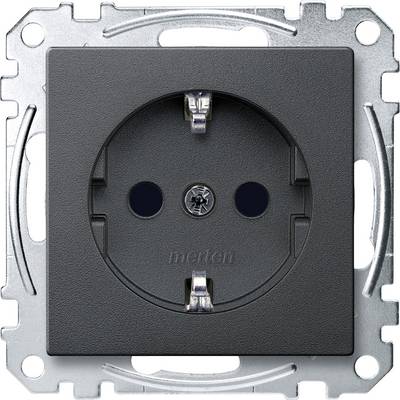 Een zwarte contactdoos in een metalen beugel met twee aansluitopeningen en een centrale schroef, voor elektrische aansluitingen.