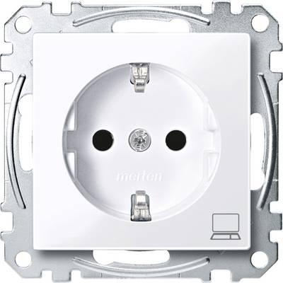 Witte stopcontact met twee contactopeningen en aarding. Verlicht laptopsymbool linksonder geeft speciale toepassing aan.