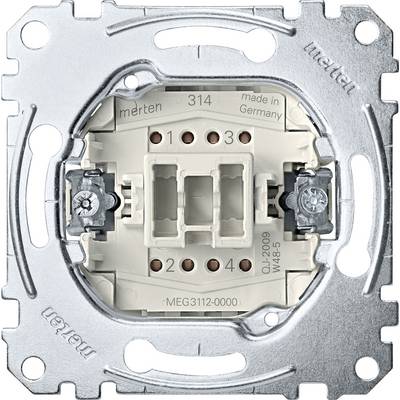 Lichtschakelaar-inzetstuk van Merten, vierkant met schroefcontacten, van metaal, zonder afdekking. Made in Germany, modelcode gedrukt.