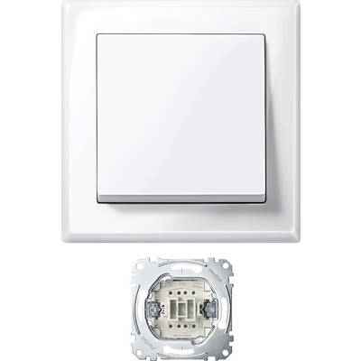 Een witte lichtschakelaar met een gladde bovenkant; daaronder de binnenwerking van een schakelaar met metalen frame en aansluitingen.