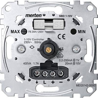 Elektrische 1-10V-dimmer van Merten voor het instellen van de lichtintensiteit. Toont aansluitklemmen en zekering.