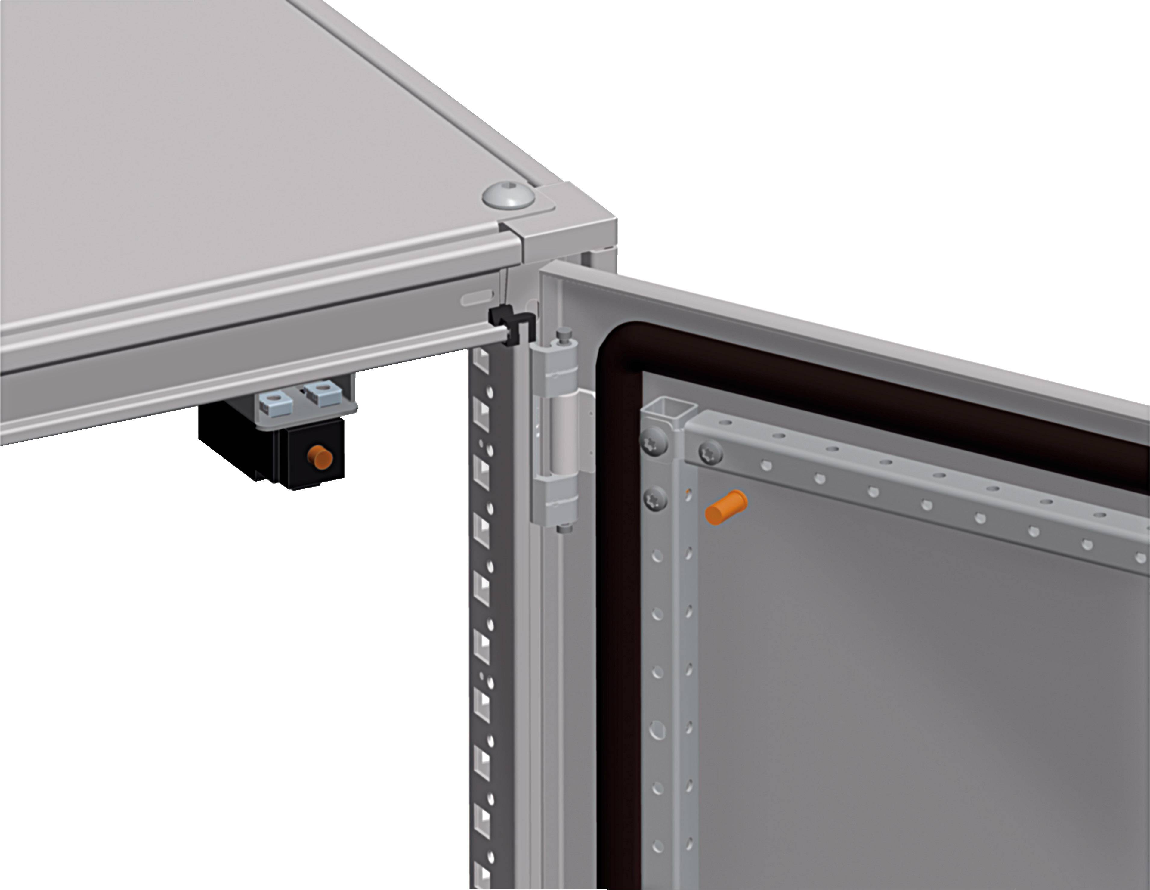 Een geopende metalen kast toont de scharnieren en de constructie van de kastdeur. Aan de binnenkant is een elektrisch onderdeel zichtbaar.