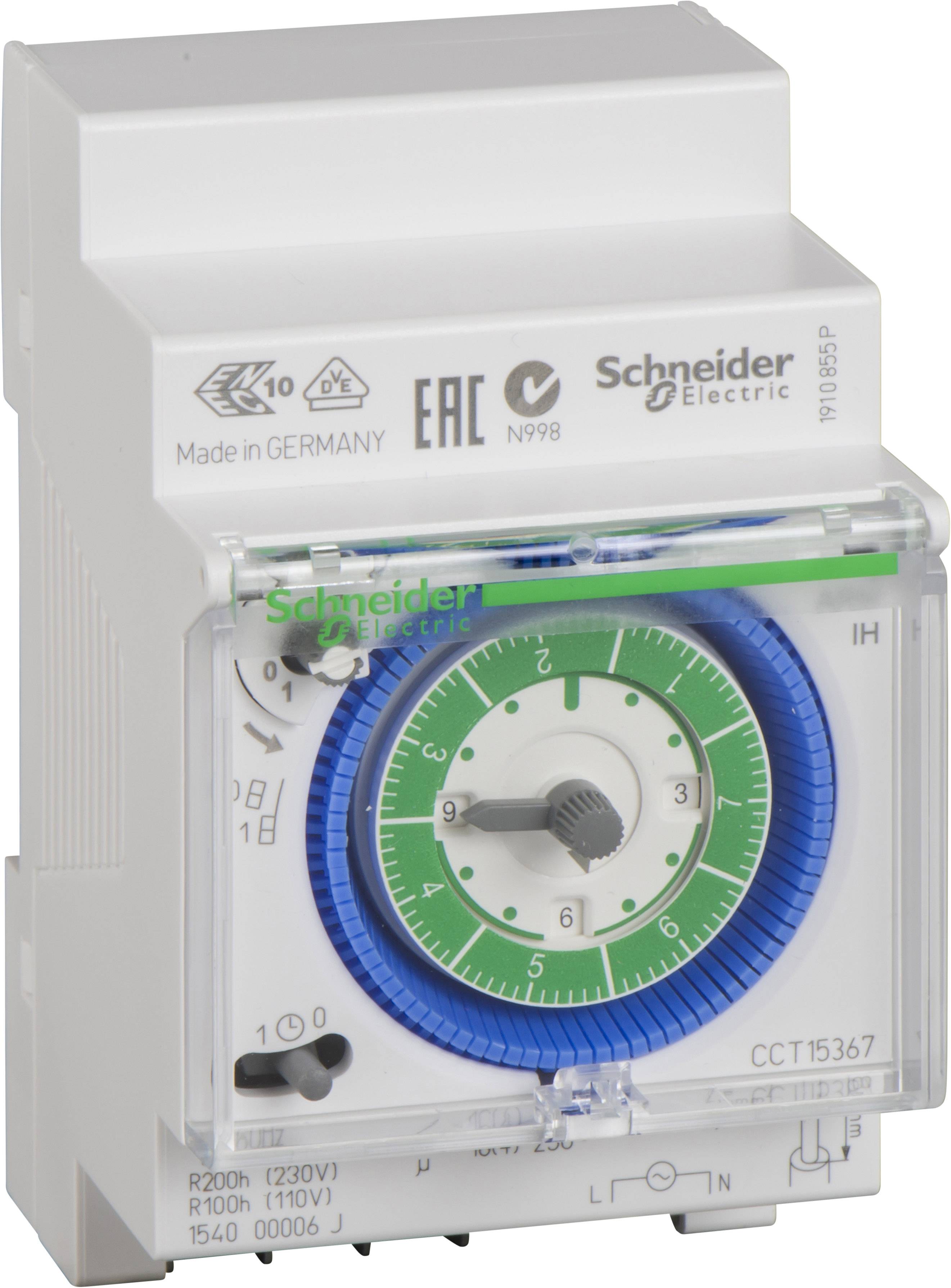 Tijdschakelklok van Schneider Electric, model CCT 15367, met draaiknop voor tijdinstelling. Vervaardigd in Duitsland.