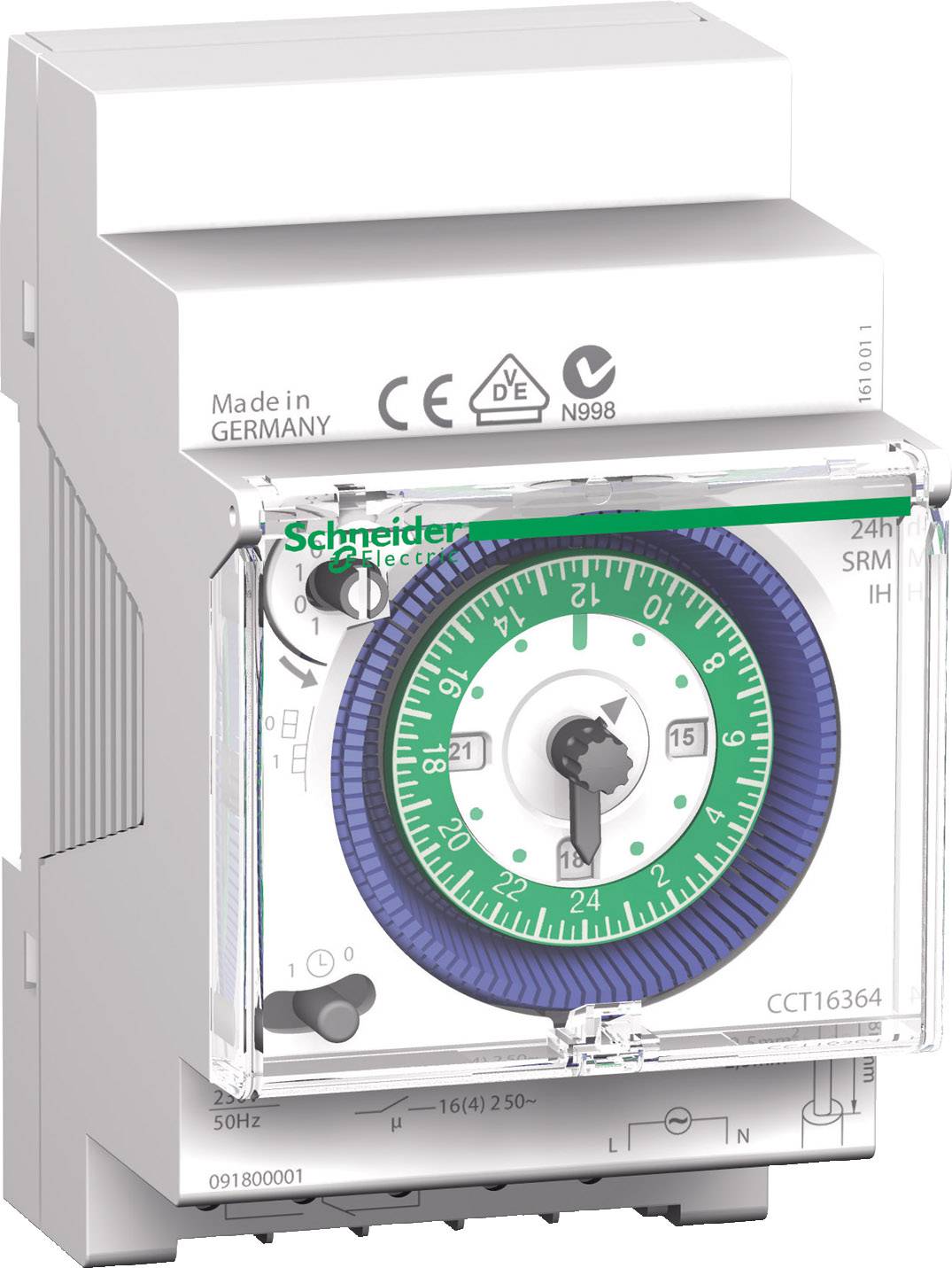 Een mechanische tijdschakelklok van Schneider Electric, model CCT16364, met een 24-uurs wijzerplaat en CE-markering.