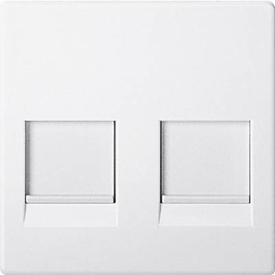 Een witte dubbele netwerkaansluiting met twee lege Ethernet-poorten op een witte muur.
