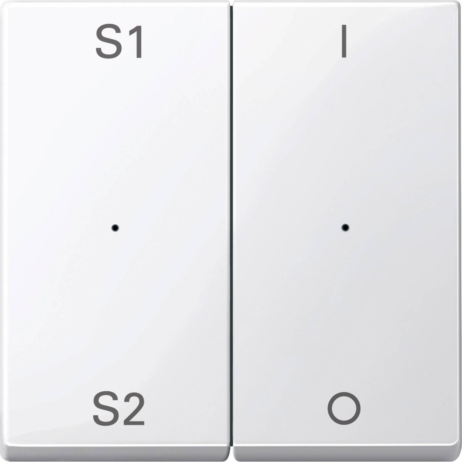 Twee witte schakelaars met de opschrift 'S1 S2' aan de linkerkant en 'I O' aan de rechterkant.