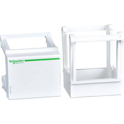 Kunststof onderdelen in het wit, linker onderdeel met groen 'Schneider Electric' logo, mogelijk behuizing of bevestigingssteun.